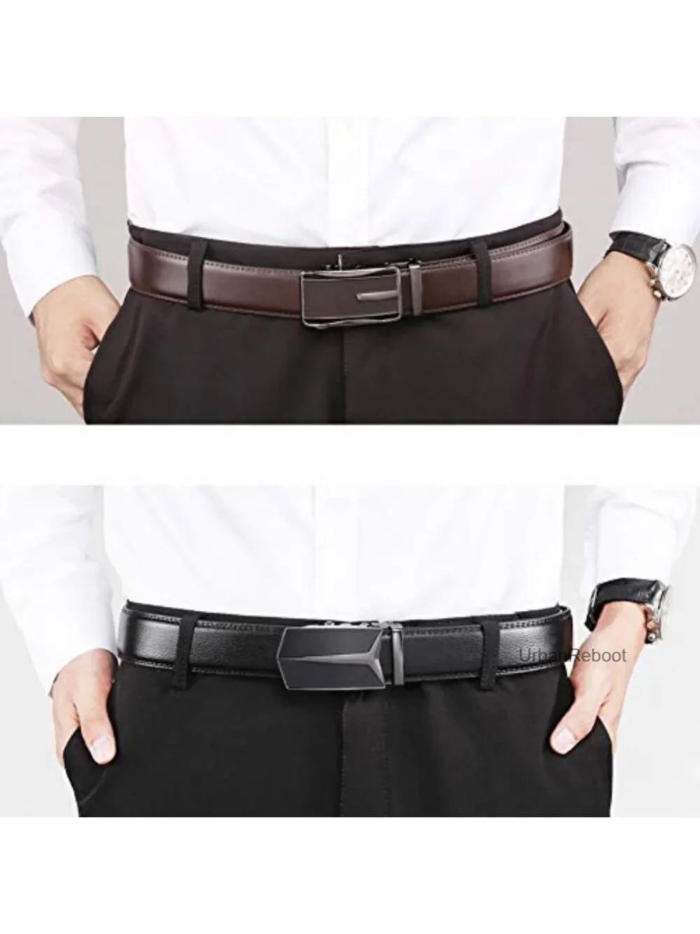 Genuine Leather Ratchet Belt 2 Pack Adjustable Dress Belt with Slide Buckle